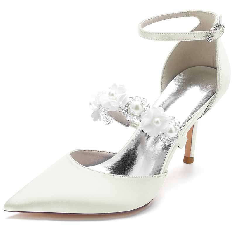 Elegant satin bridal heels with ankle strap adorned with flower embellishments
