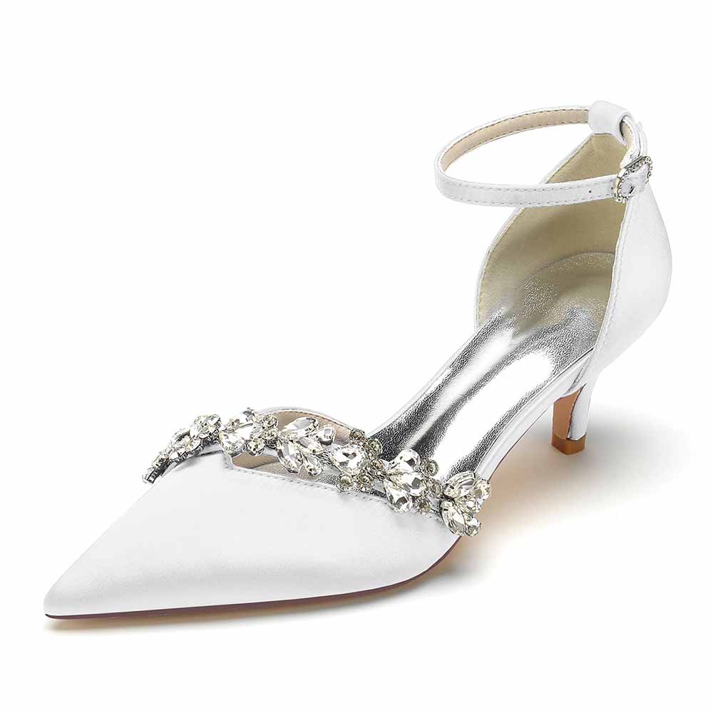 Elegant satin bridal heels with ankle strap featuring floral embellishments for a stylish wedding look