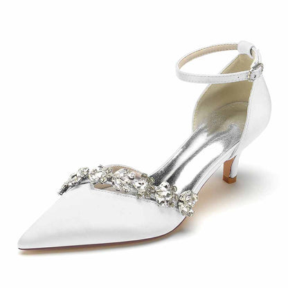 Elegant satin bridal heels with ankle strap featuring floral embellishments for a stylish wedding look