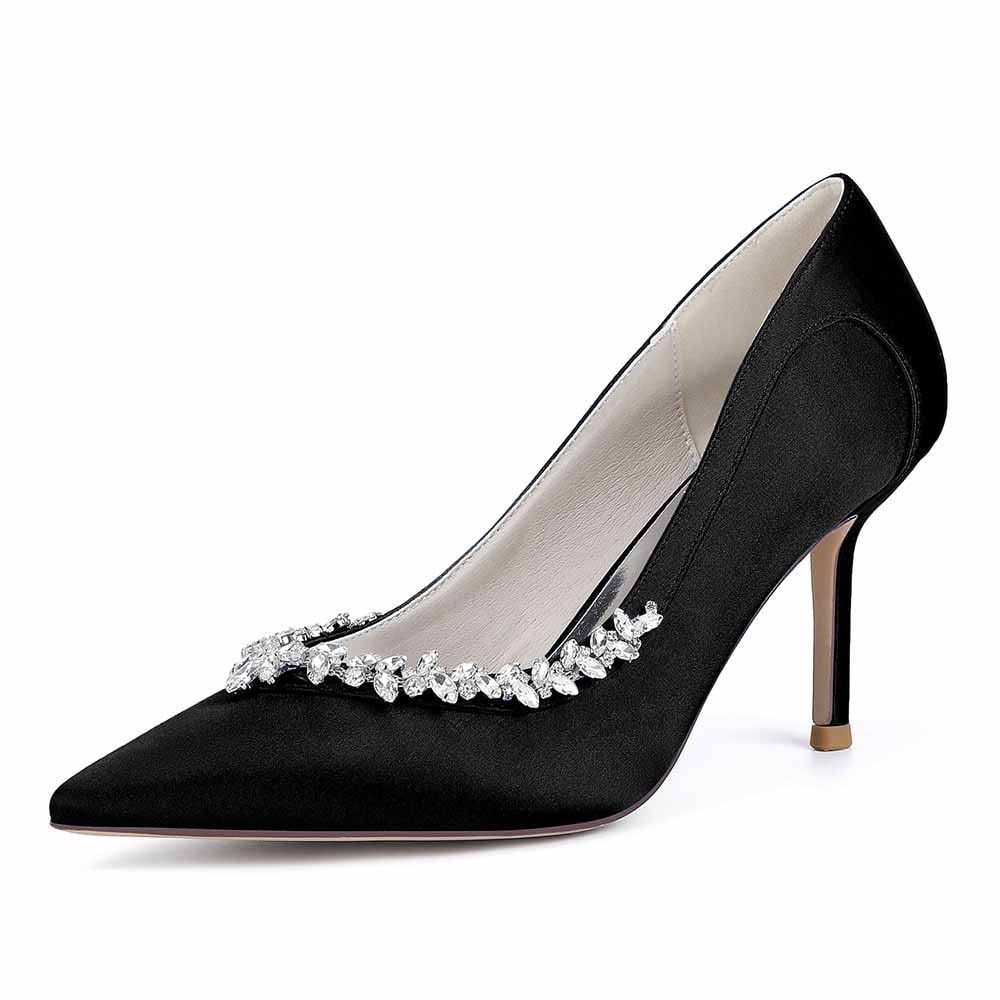 Elegant satin bridal heels with crystal beading for a stunning wedding day look