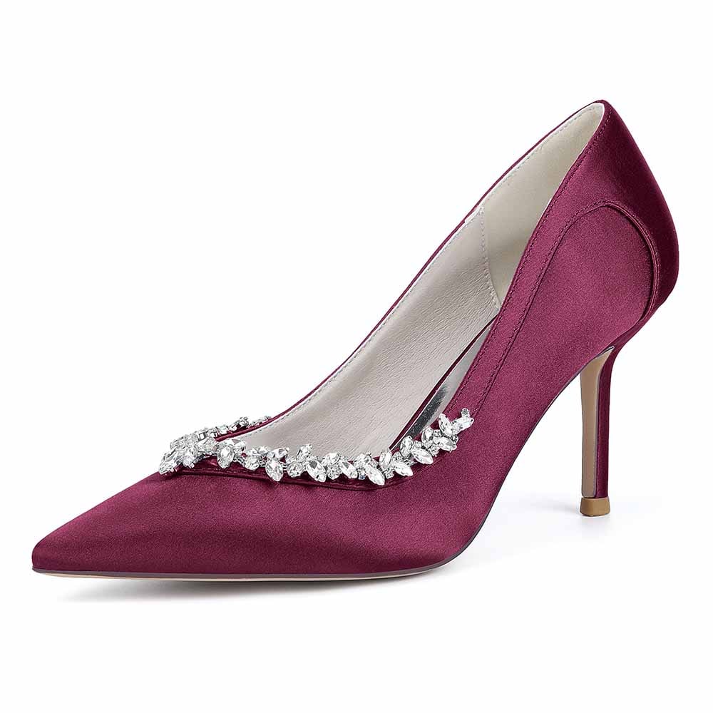 Elegant burgundy satin bridal heels with crystal beading for a sophisticated wedding look