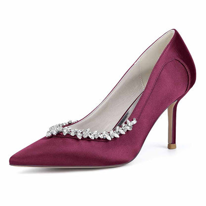 Elegant burgundy satin bridal heels with crystal beading for a sophisticated wedding look