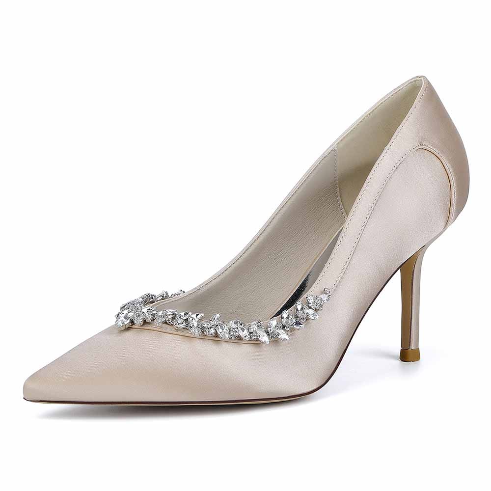 S&DCo. elegant satin bridal heels with crystal beading for a stylish wedding look