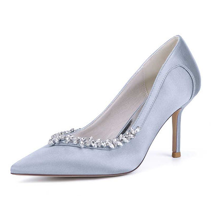S&DCo. satin bridal heels with crystal beading in soft blue for elegant weddings
