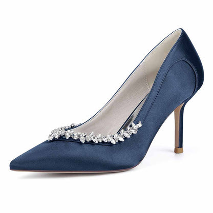 Elegant satin bridal heels with crystal beading in navy blue, perfect for weddings and special occasions