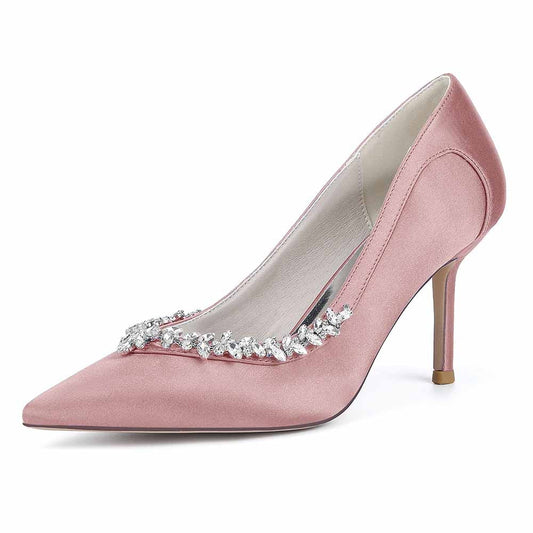 S&DCo. satin bridal heels with crystal beading in soft pink for elegant wedding attire
