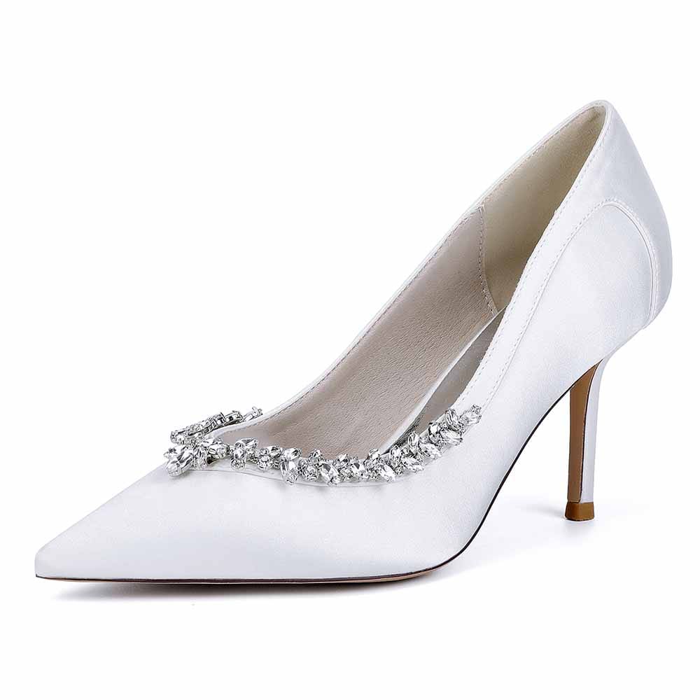Elegant satin bridal heels with crystal beading for a chic wedding look