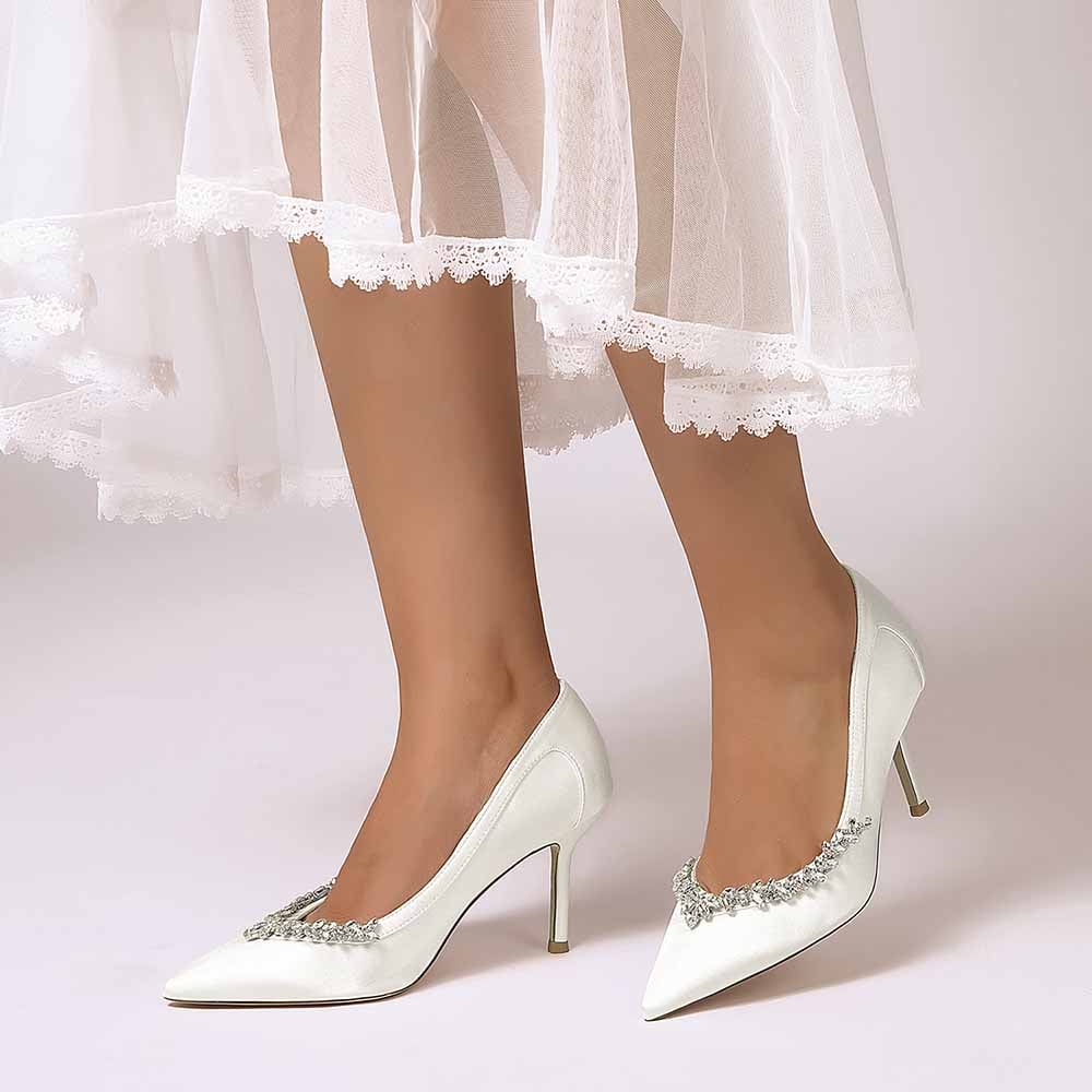 Elegant S&DCo. satin bridal heels with crystal beading for a stunning wedding look