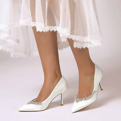 Elegant S&DCo. satin bridal heels with crystal beading for a stunning wedding look