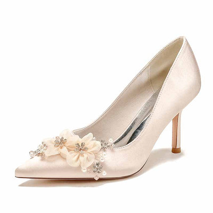 Elegant satin bridal heels with rhinestones and floral embellishments for weddings