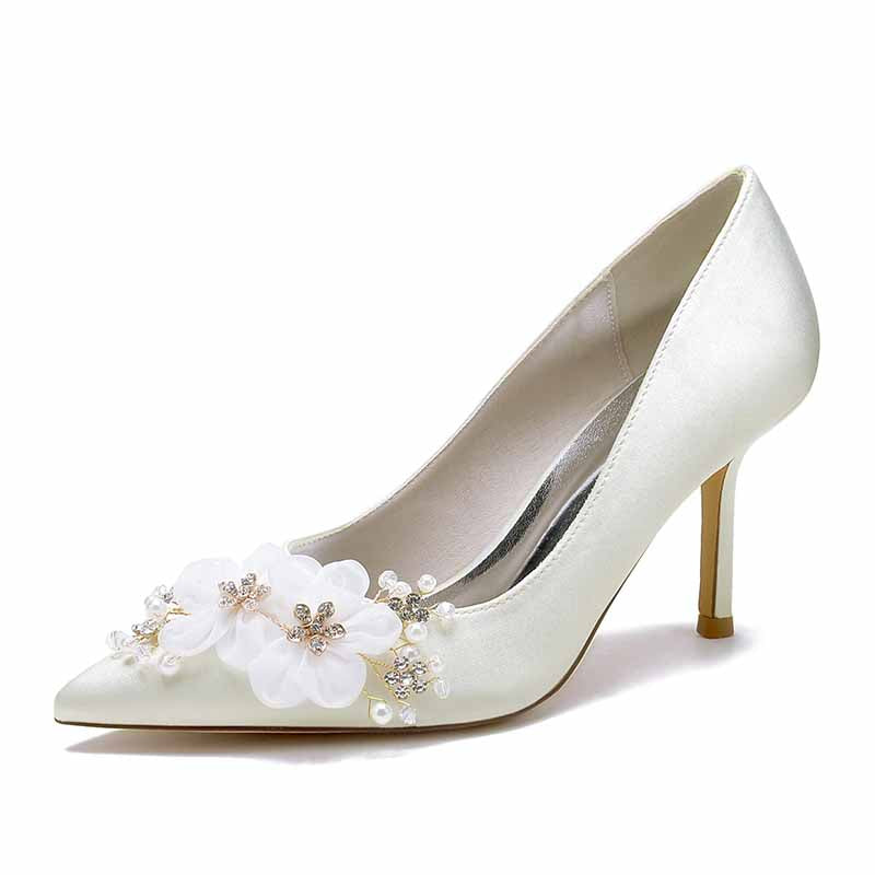 Elegant satin bridal heels with rhinestones and floral embellishments perfect for weddings