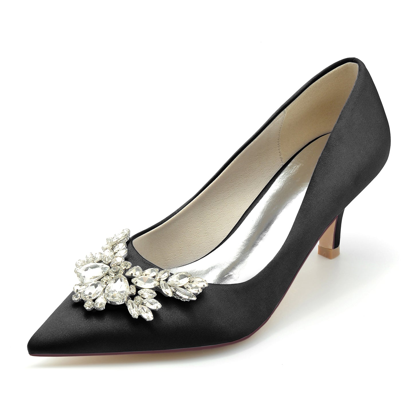 Elegant satin bridal pumps with crystal bow, featuring a pointed toe and stylish design for special occasions