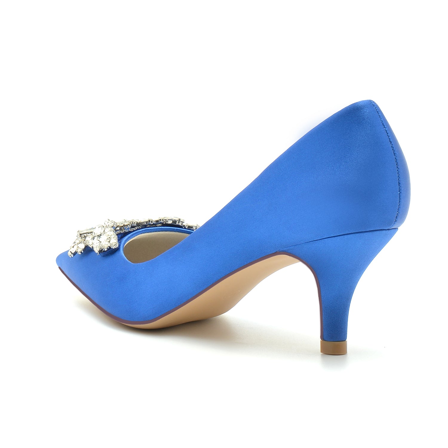 Blue satin bridal pumps with crystal bow, featuring a stylish design for weddings
