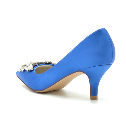 Blue satin bridal pumps with crystal bow, featuring a stylish design for weddings