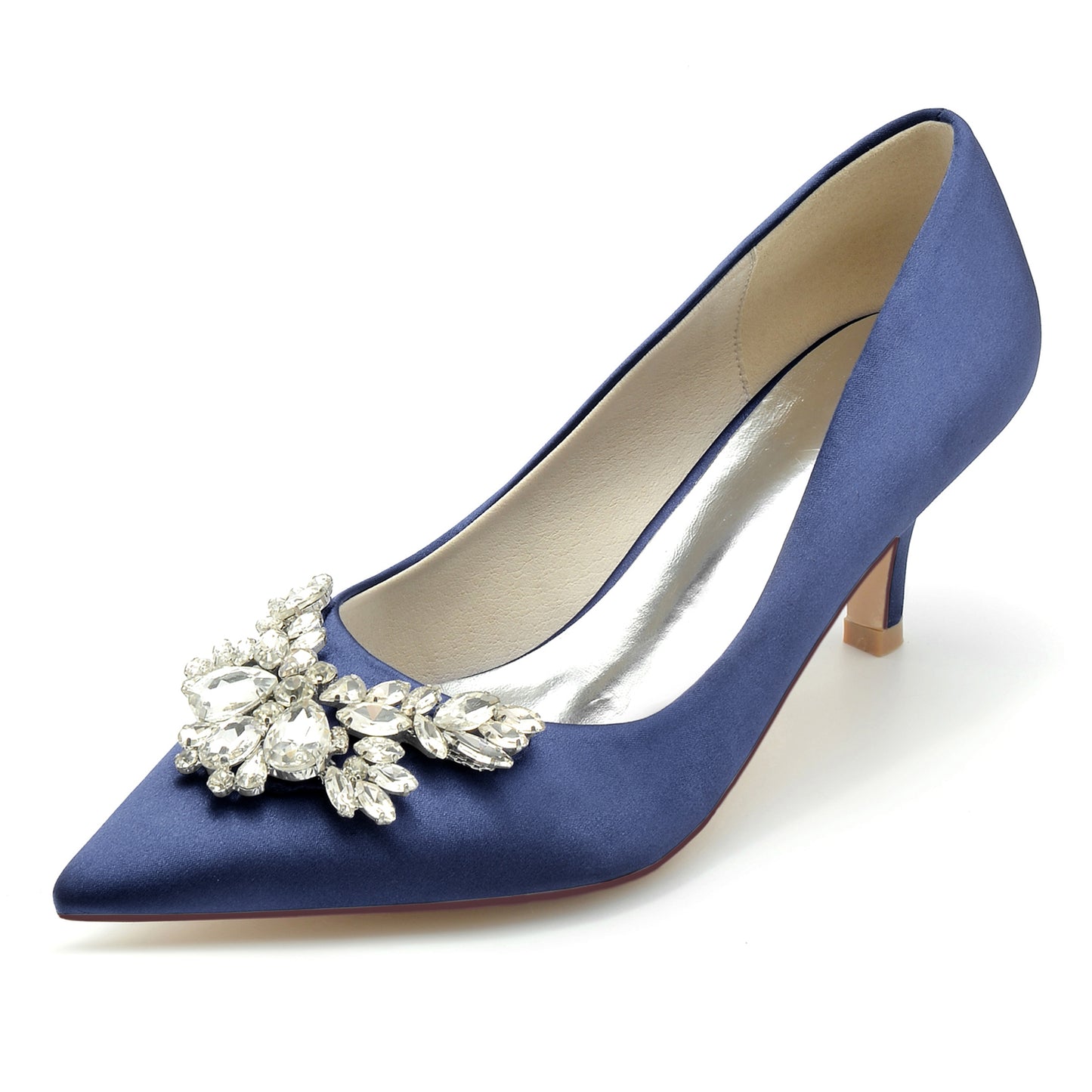 Navy satin bridal pumps with crystal bow for elegant wedding footwear