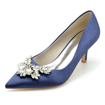 Navy satin bridal pumps with crystal bow for elegant wedding footwear