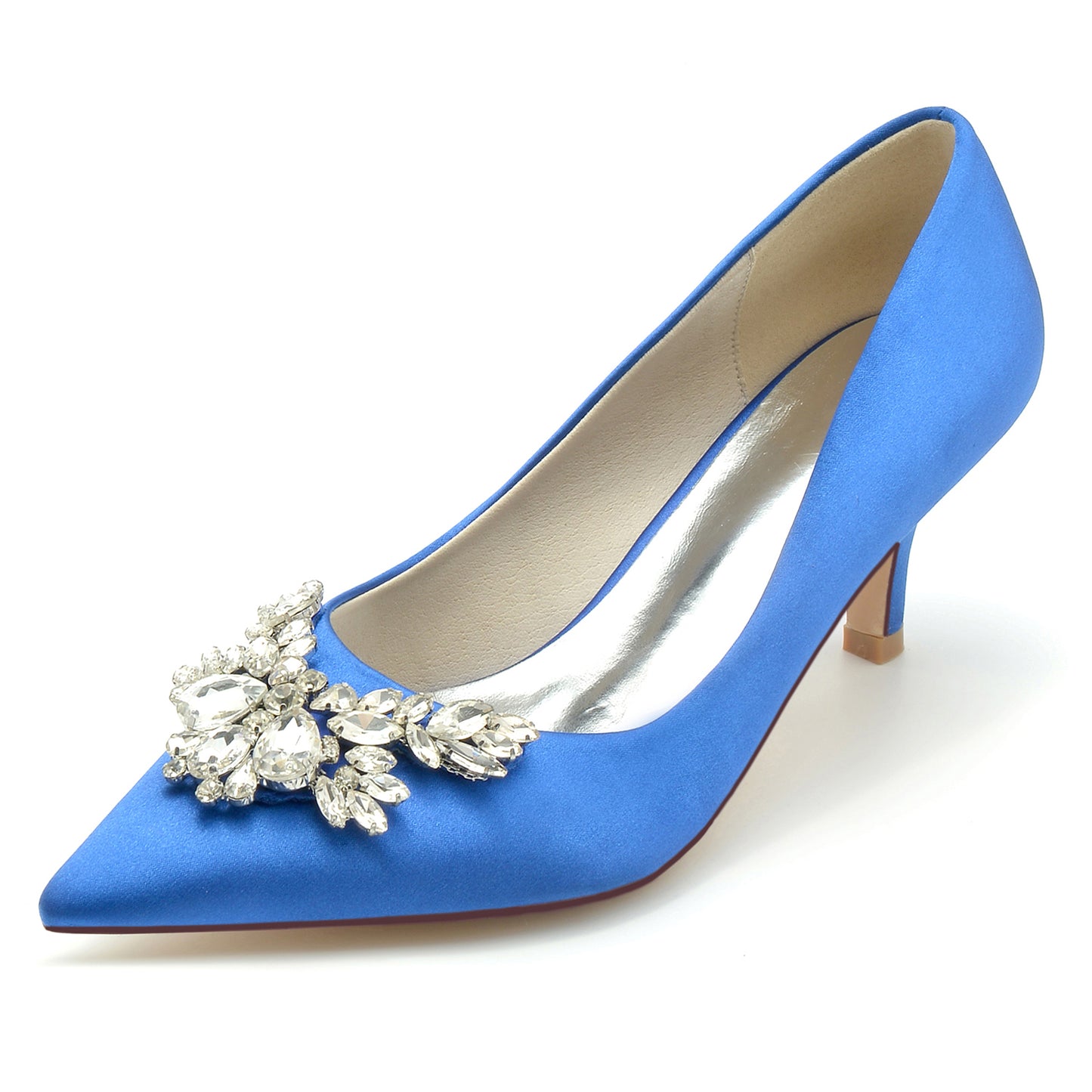 Elegant blue satin bridal pumps with crystal bow for stylish weddings and formal events