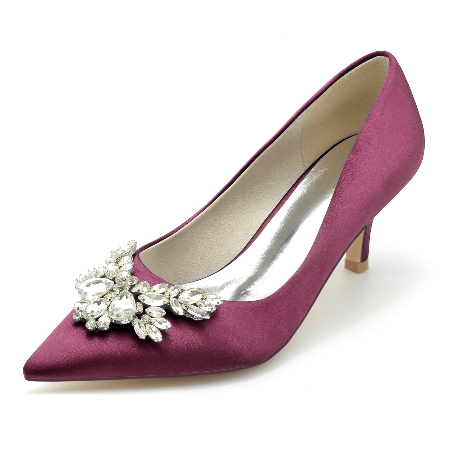 S&DCo. satin bridal pumps with crystal bow in burgundy for elegant wedding footwear
