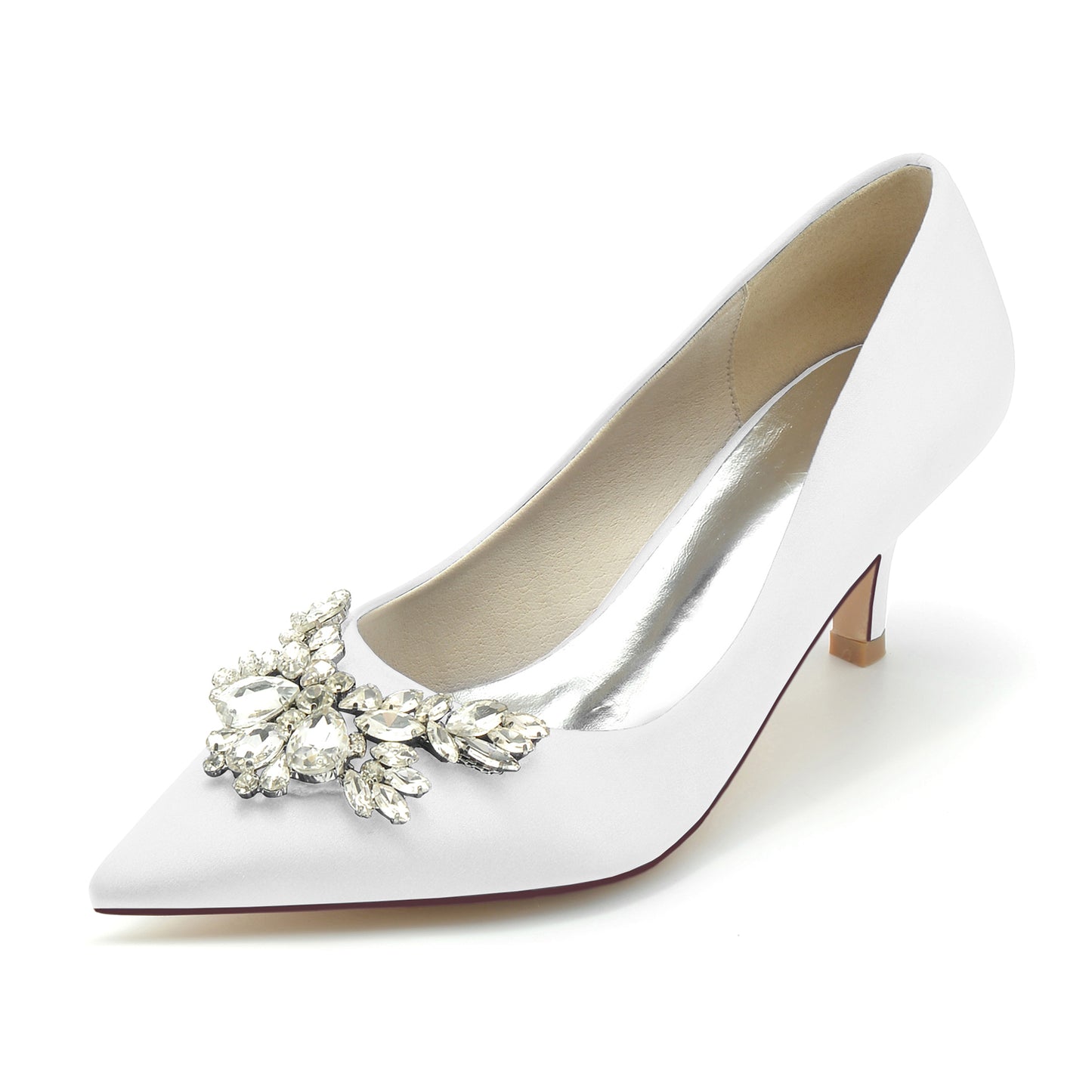 Elegant satin bridal pumps with crystal bow and pointed toe design for weddings and special occasions