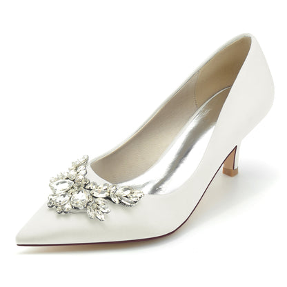 Elegant satin bridal pumps with crystal bow, perfect for weddings or special occasions