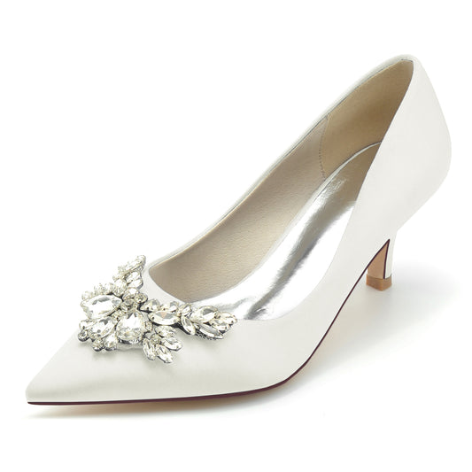 Elegant satin bridal pumps with crystal bow, perfect for weddings or special occasions