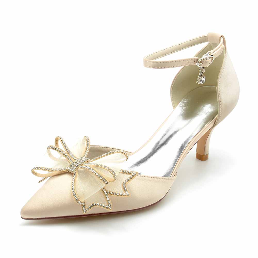 Elegant satin bridal shoes low heel with decorative bow and ankle strap for weddings
