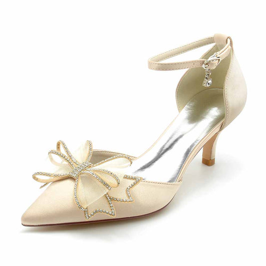 Elegant satin bridal shoes low heel with decorative bow and ankle strap for weddings
