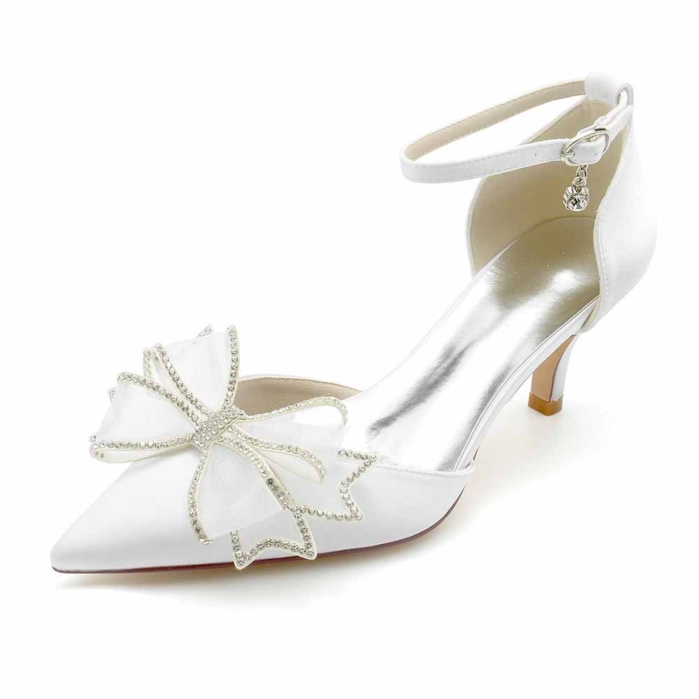 Elegant satin bridal shoes low heel with decorative butterfly detail and ankle strap for weddings