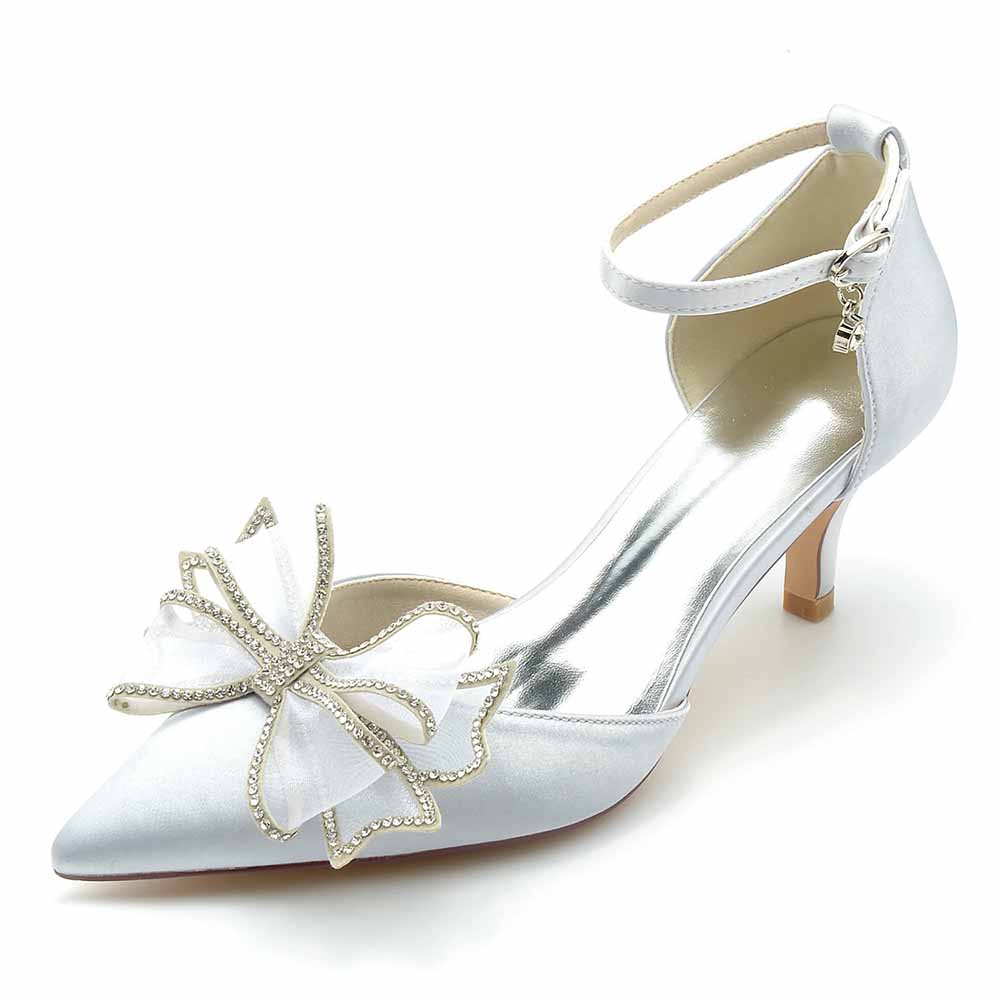 Elegant satin bridal shoes low heel with sparkling butterfly embellishment for weddings