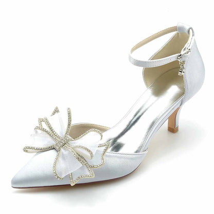 Elegant satin bridal shoes low heel with sparkling butterfly embellishment for weddings