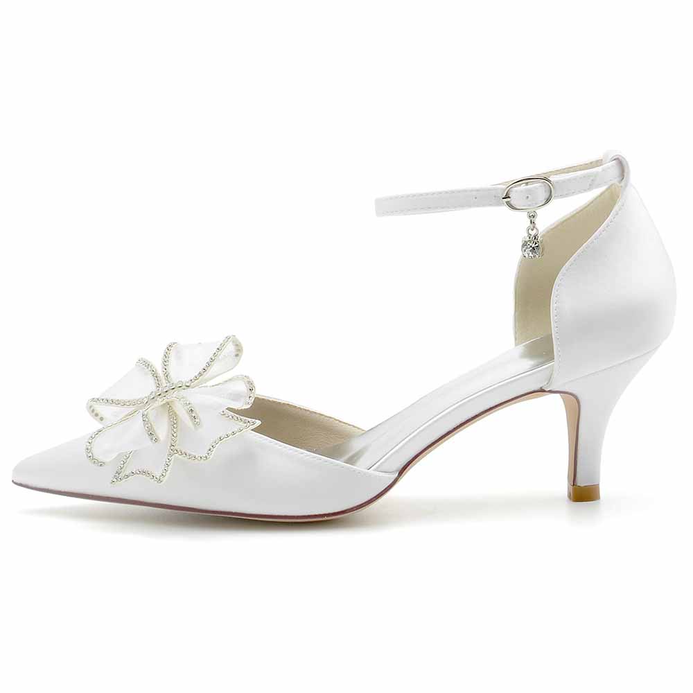 Satin bridal shoes low heel with decorative flower and ankle strap for elegant weddings
