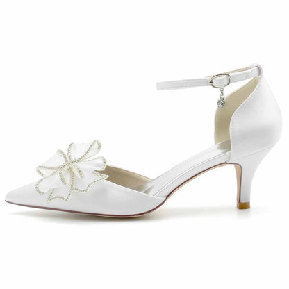Satin bridal shoes low heel with decorative flower and ankle strap for elegant weddings
