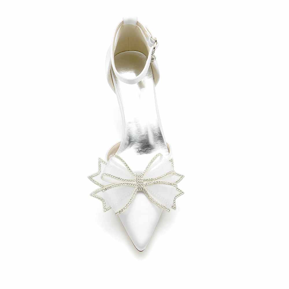 Satin bridal shoes low heel with jeweled butterfly detail in white for elegant weddings