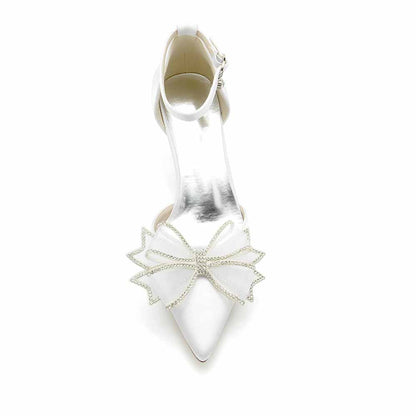 Satin bridal shoes low heel with jeweled butterfly detail in white for elegant weddings