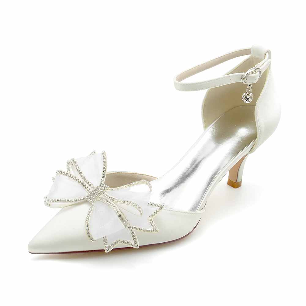 Elegant satin bridal shoes low heel with a butterfly embellishment and ankle strap in white