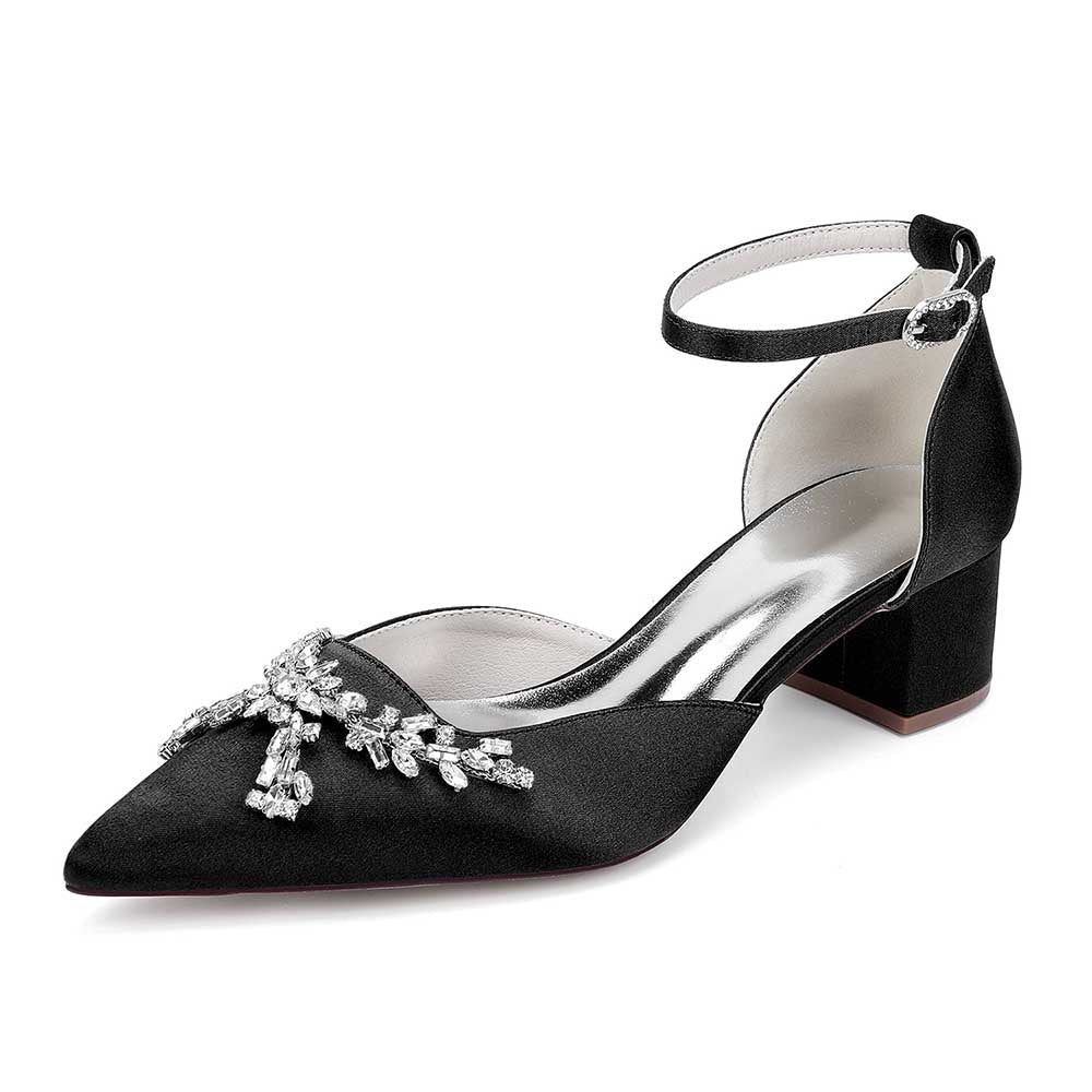 Elegant black satin bridal shoes with rhinestones and a stylish ankle strap