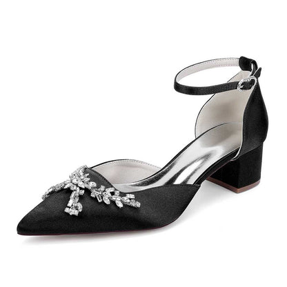Elegant black satin bridal shoes with rhinestones and a stylish ankle strap