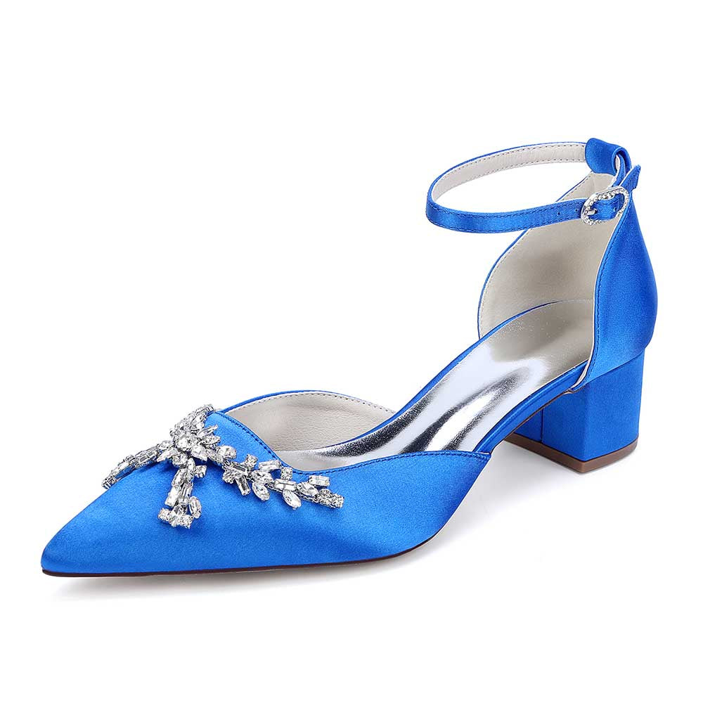 Elegant blue satin bridal shoes with rhinestones and ankle strap for a charming look on your special day