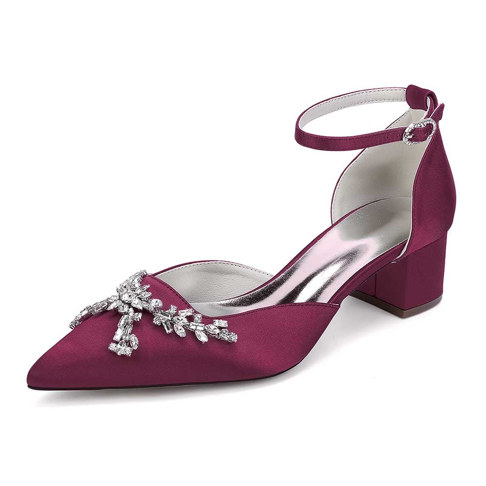 Burgundy satin bridal shoes with rhinestones featuring a stylish pointed toe and ankle strap