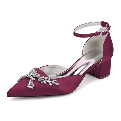 Burgundy satin bridal shoes with rhinestones featuring a stylish pointed toe and ankle strap