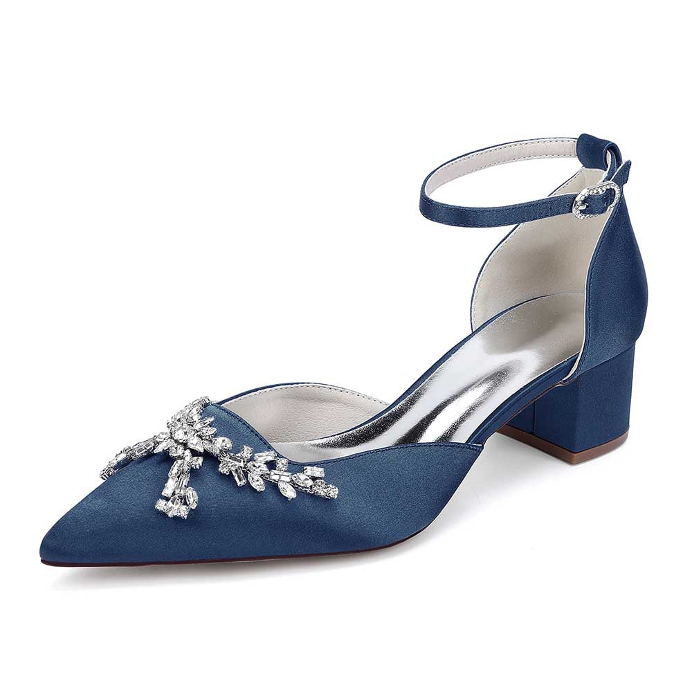 Elegant satin bridal shoes with rhinestones featuring an ankle strap and block heel in navy blue