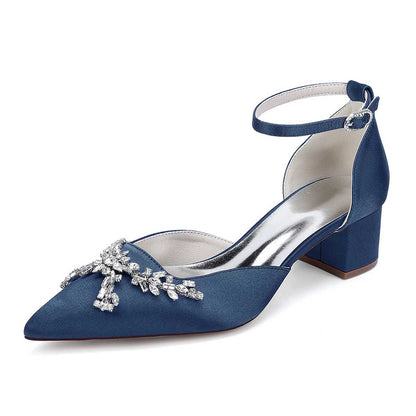 Elegant satin bridal shoes with rhinestones featuring an ankle strap and block heel in navy blue