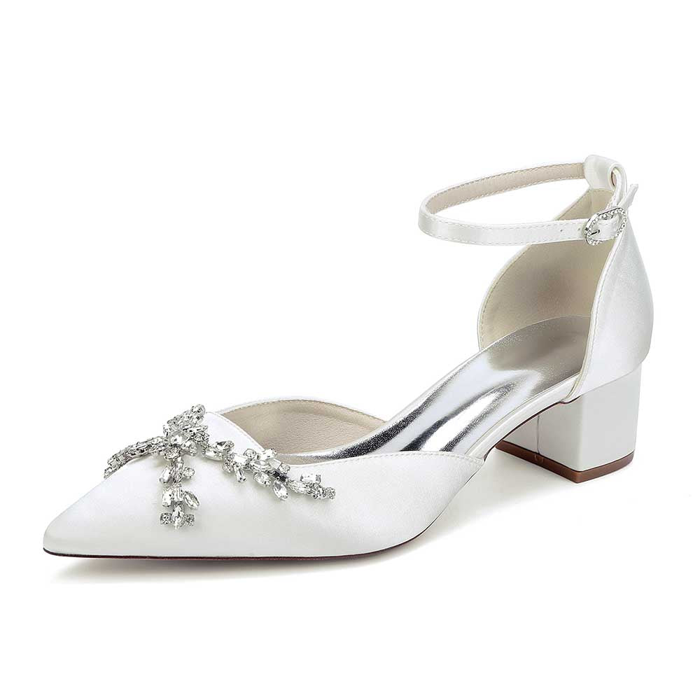 Elegant satin bridal shoes with rhinestones featuring a stylish ankle strap and pointed toe design
