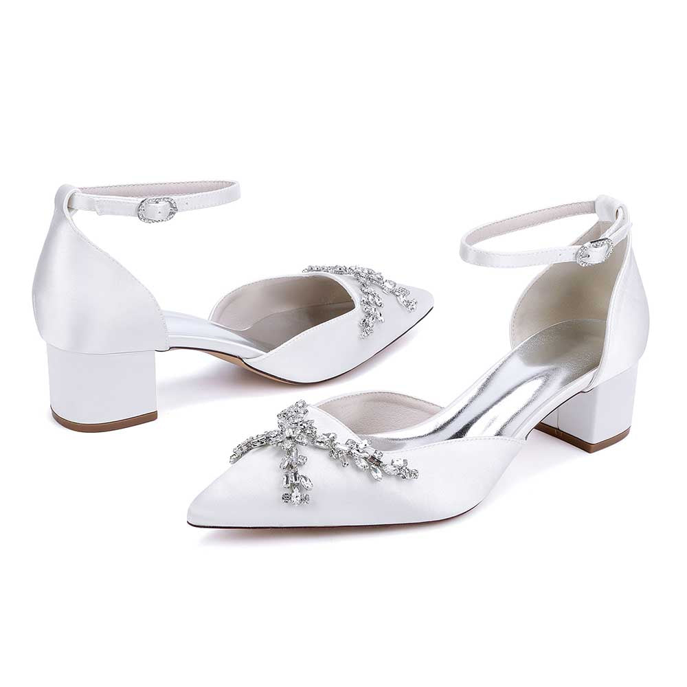 Elegant satin bridal shoes with rhinestones and a chic ankle strap for stylish weddings