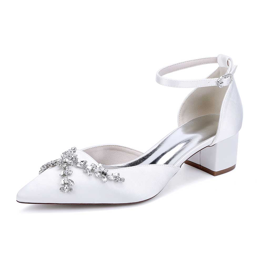 Elegant satin bridal shoes with rhinestones featuring a chic ankle strap and block heel