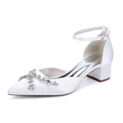 Elegant satin bridal shoes with rhinestones featuring a chic ankle strap and block heel