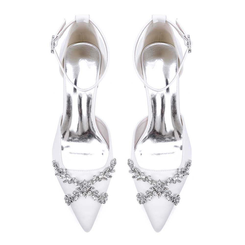 Elegant satin bridal shoes with rhinestones featuring a pointed toe and ankle strap design