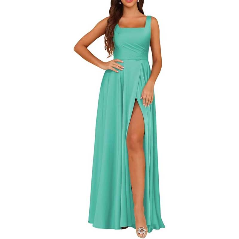 Satin bridesmaid dresses long in teal with a flattering square neckline and thigh-high slit