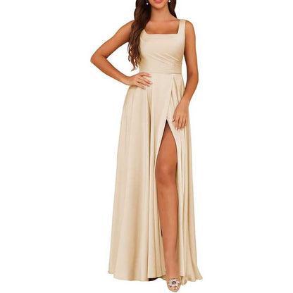 Elegant satin bridesmaid dresses long in beige with a thigh-high slit and square neckline