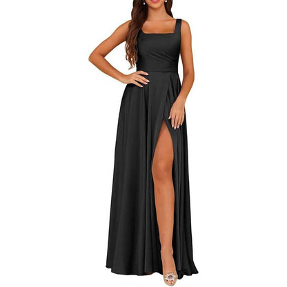 Elegant black satin bridesmaid dresses long with a thigh-high slit and square neckline
